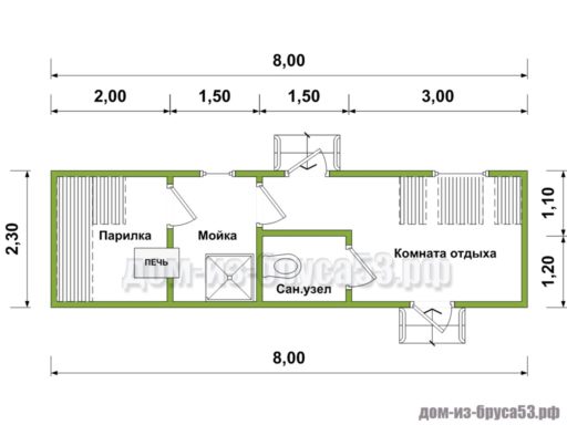 План мобильной перевозной бани длиной 8 метров